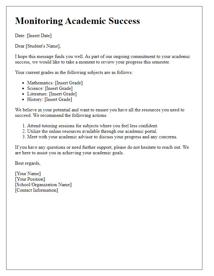 Letter template of monitoring academic success