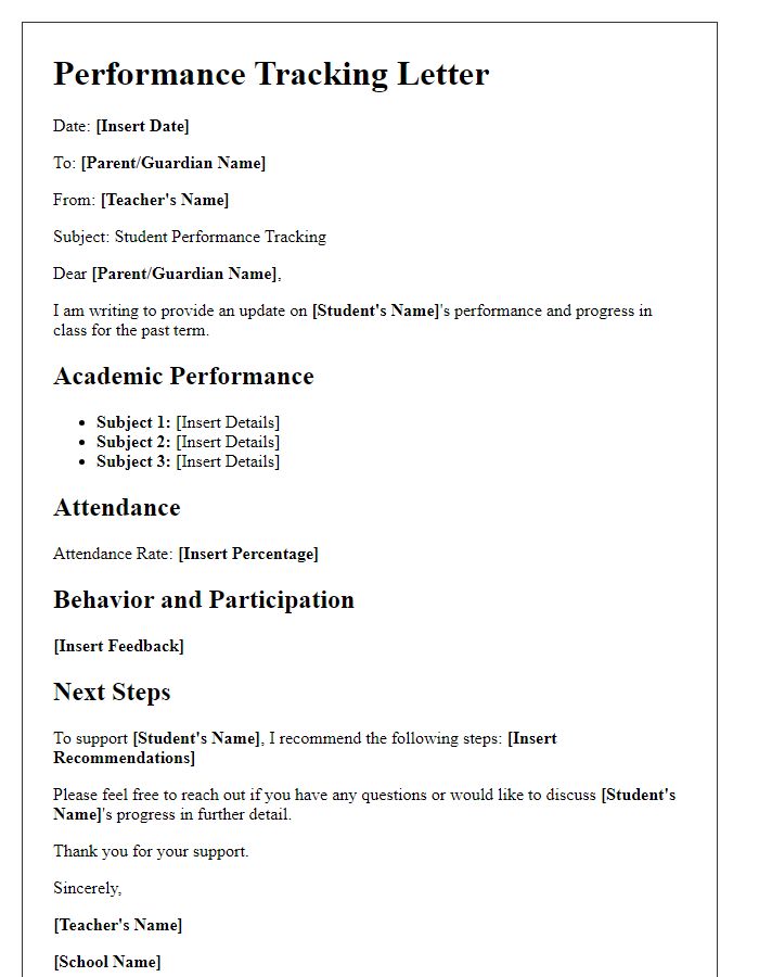 Letter template of performance tracking for students