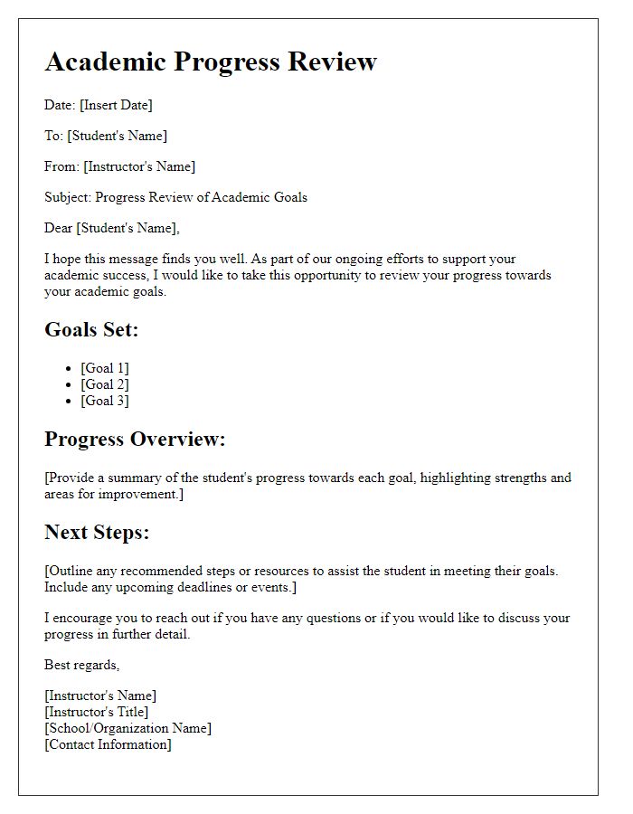 Letter template of progress review for academic goals