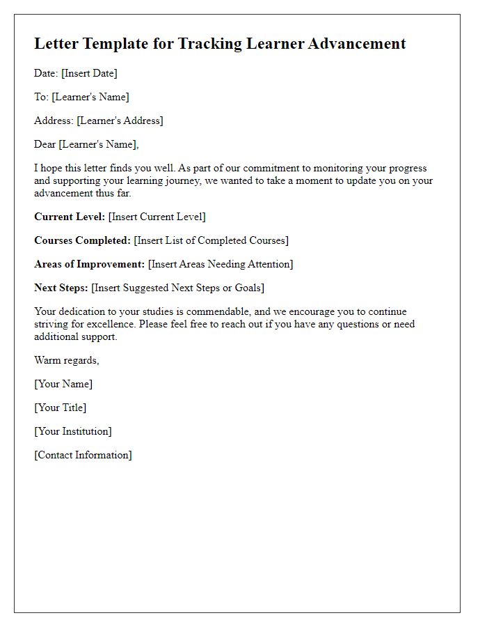 Letter template of tracking learner advancement