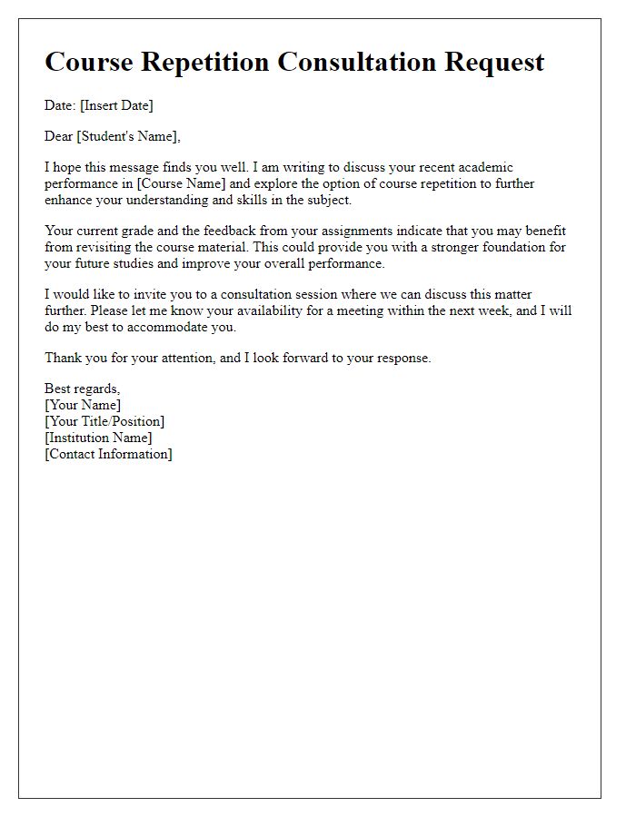 Letter template of course repetition consultation for student support.