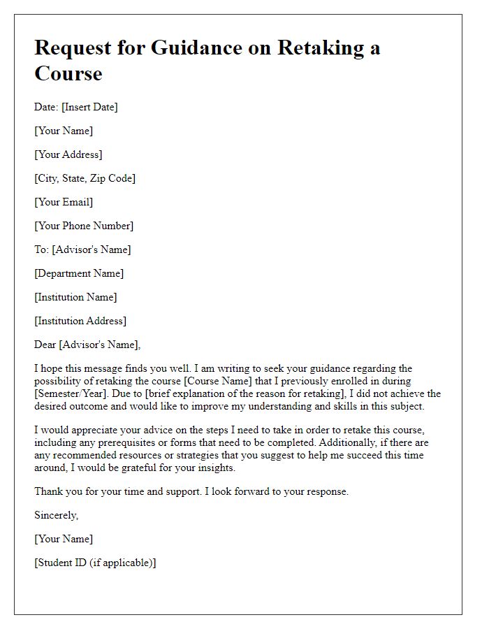 Letter template of guidance request for retaking a course.