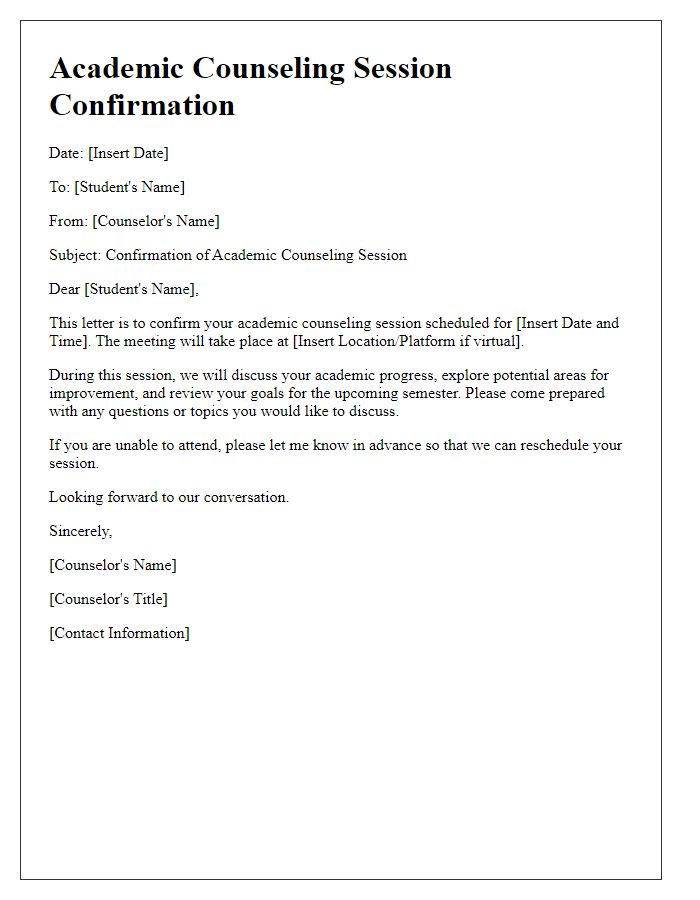 Letter template of academic counseling session