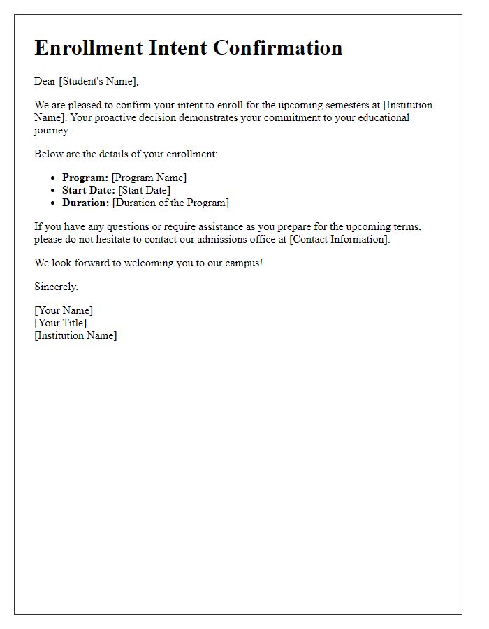 Letter template of enrollment intent confirmation for future semesters.