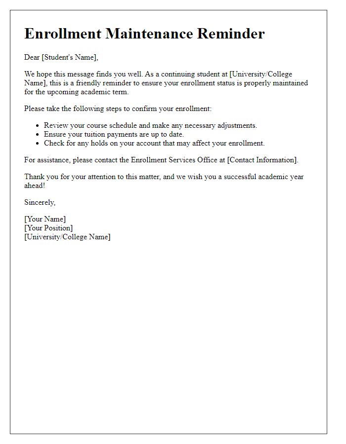 Letter template of enrollment maintenance reminder for continuing students.