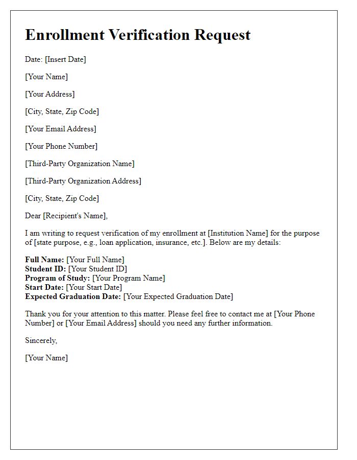 Letter template of enrollment verification request for third-party organizations.