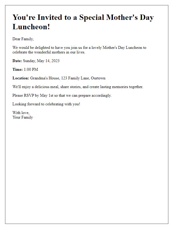 Letter template of Mothers Day Luncheon Invitation for Close Relatives