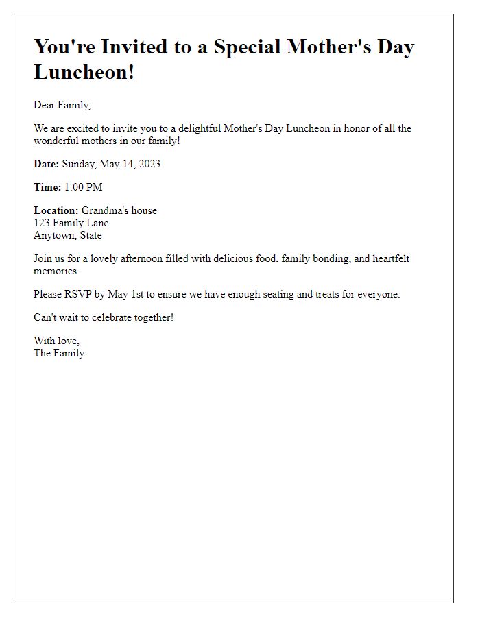 Letter template of Mothers Day Luncheon Invitation for Family