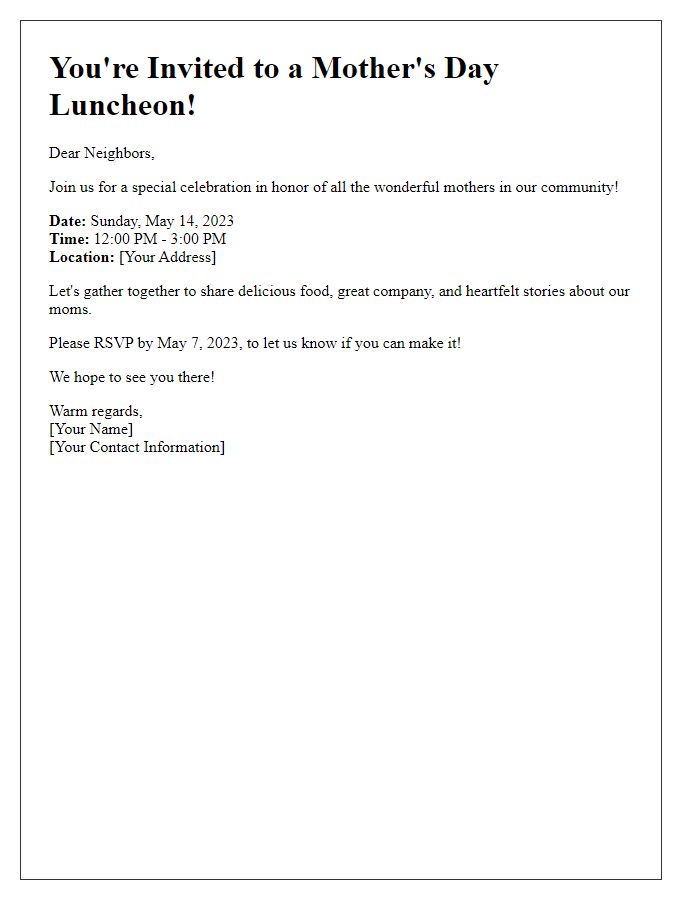 Letter template of Mothers Day Luncheon Invitation for Neighbors