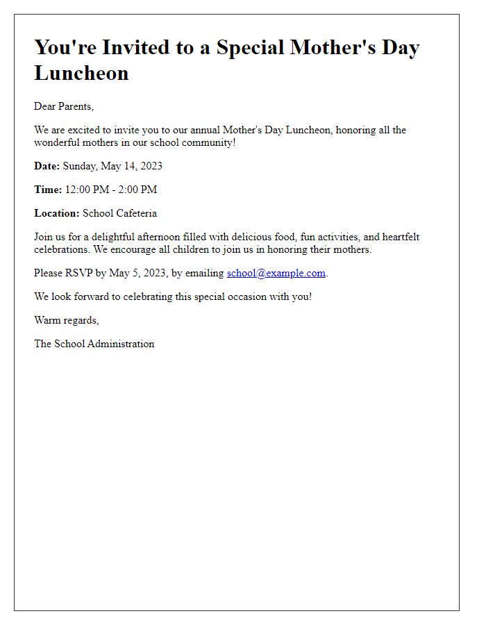 Letter template of Mothers Day Luncheon Invitation for School Parents