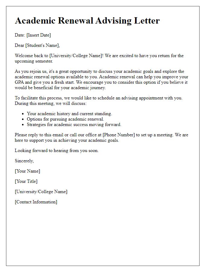 Letter template of returning student advising for academic renewal.