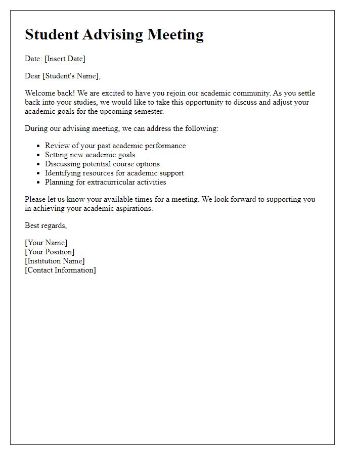 Letter template of returning student advising for adjusting academic goals.