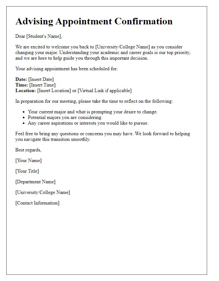 Letter template of returning student advising for major changes.