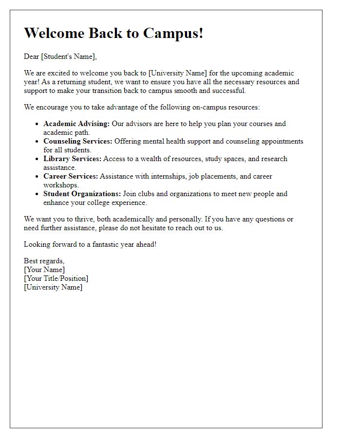 Letter template of returning student advising for on-campus resources introduction.