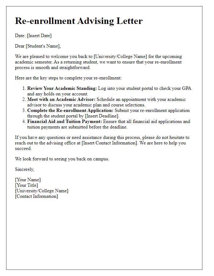 Letter template of returning student advising for re-enrollment process.