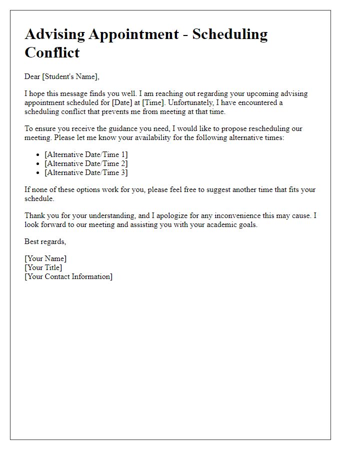 Letter template of returning student advising for scheduling conflicts.