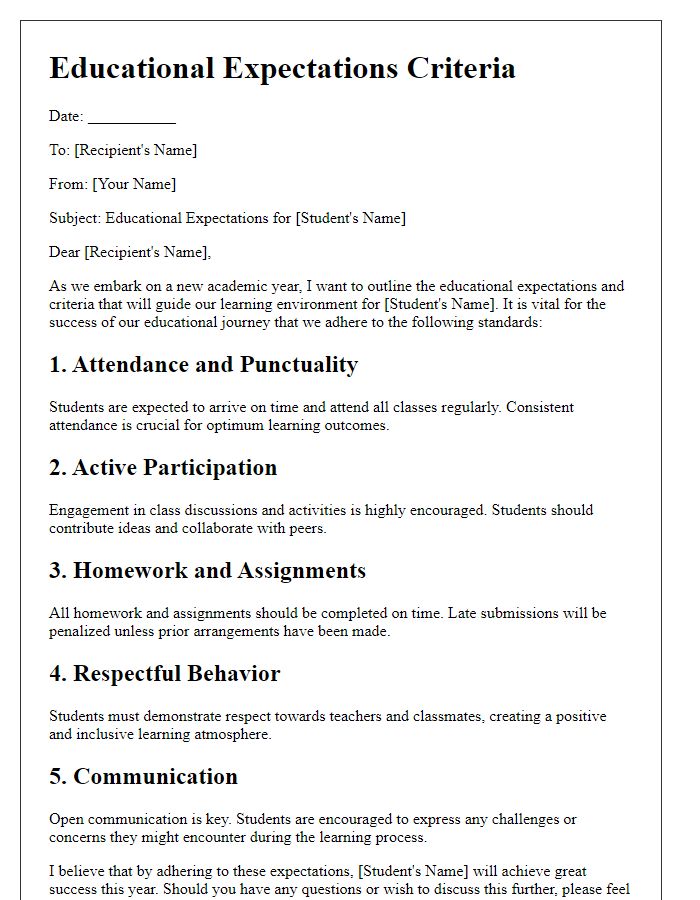 Letter template of educational expectations criteria