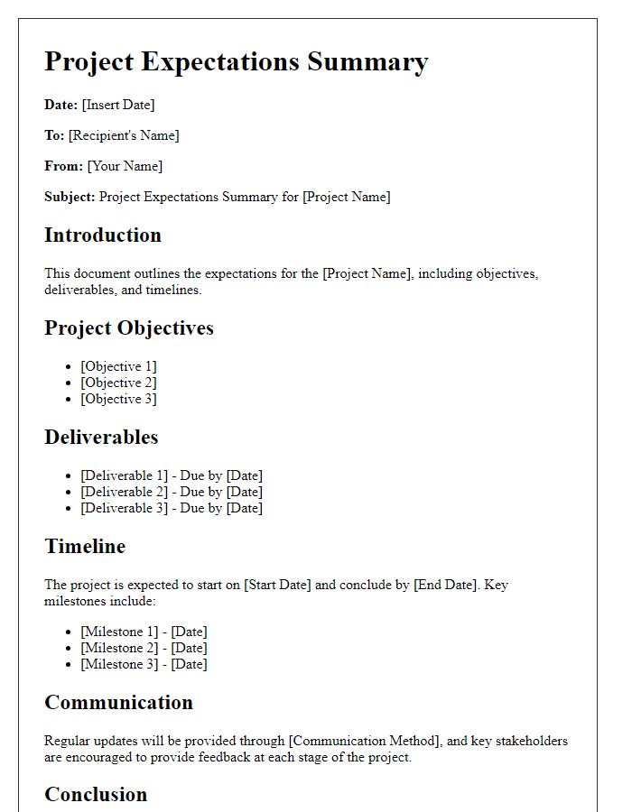 Letter template of project expectations summary