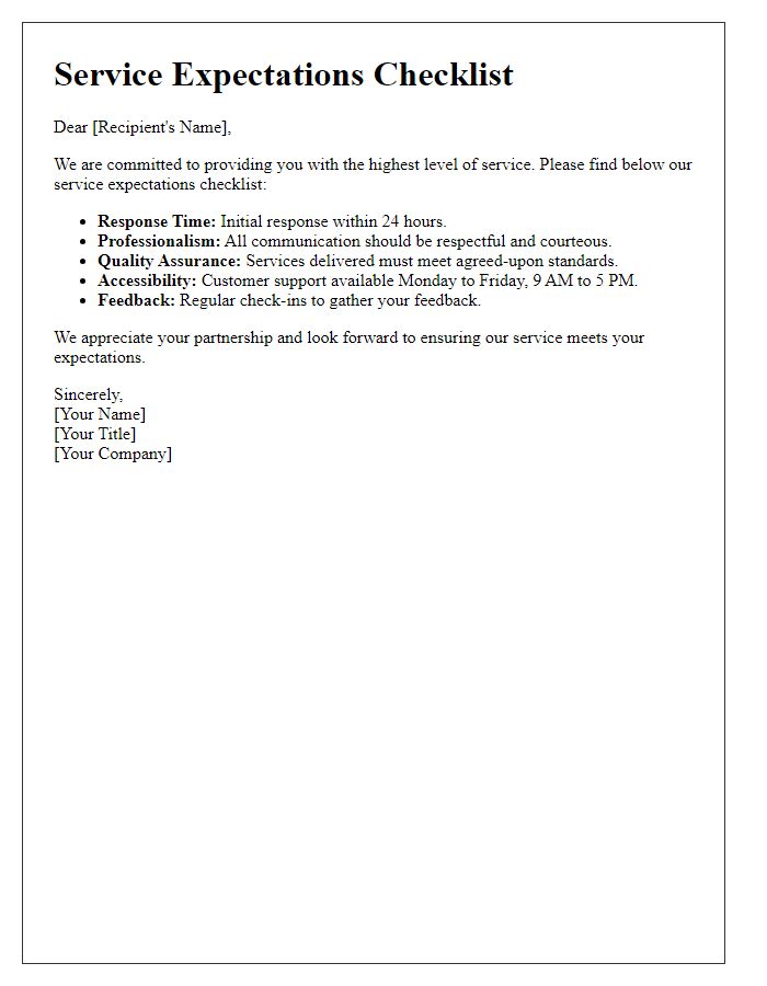 Letter template of service expectations checklist