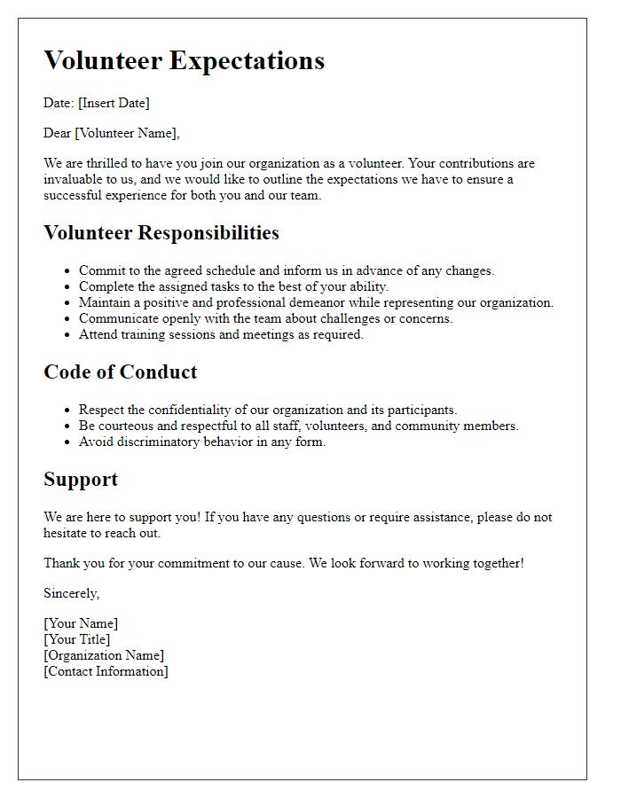 Letter template of volunteer expectations specification