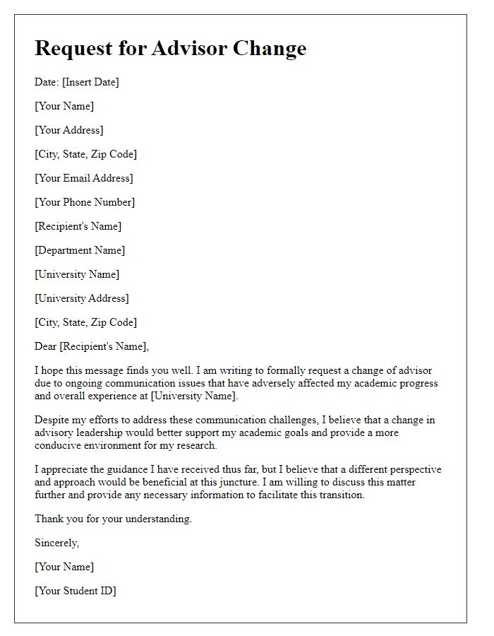 Letter template of advisor change request for communication issues.