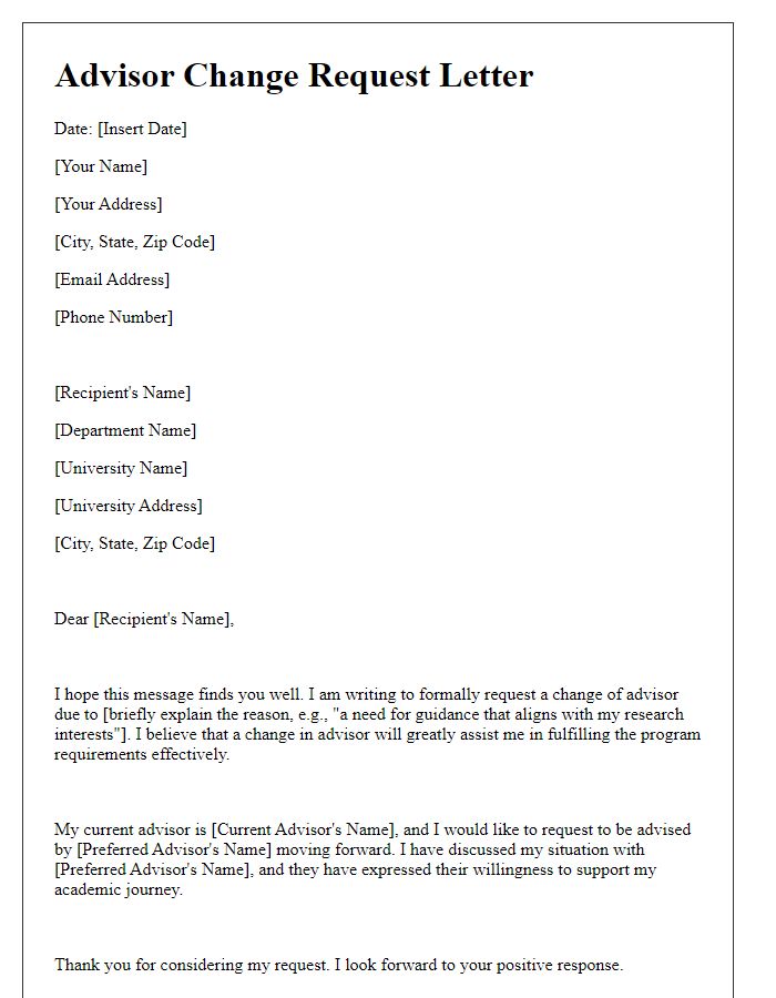 Letter template of advisor change request for program requirement fulfillment.