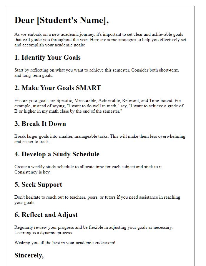 Letter template of academic goal-setting strategies for students