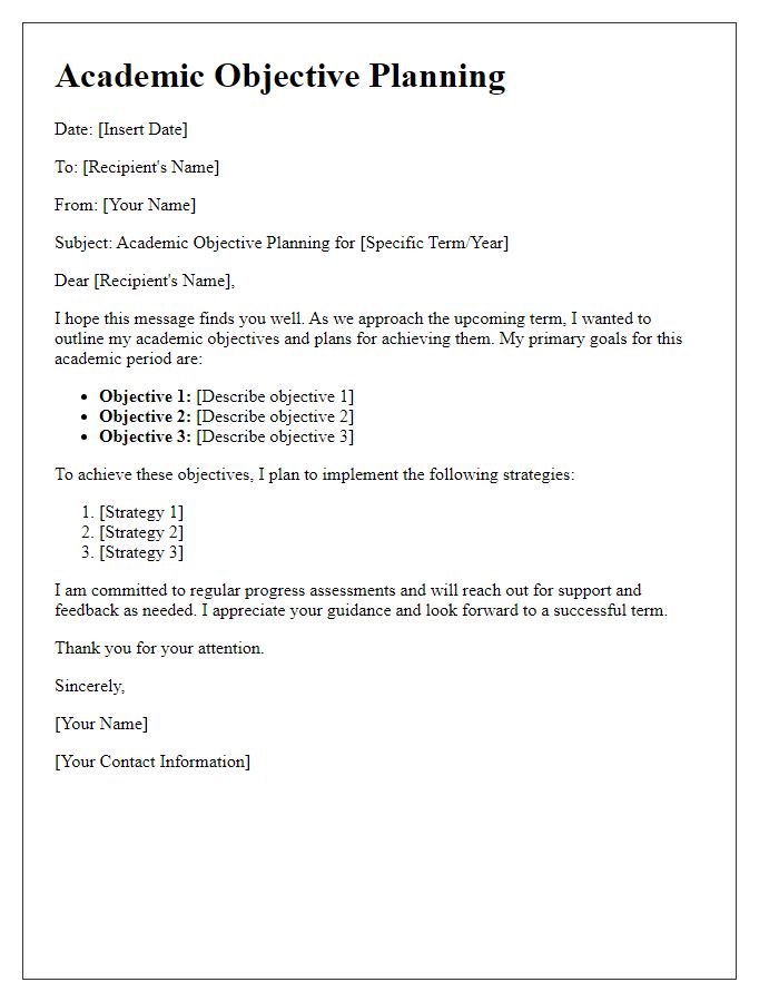 Letter template of effective academic objective planning