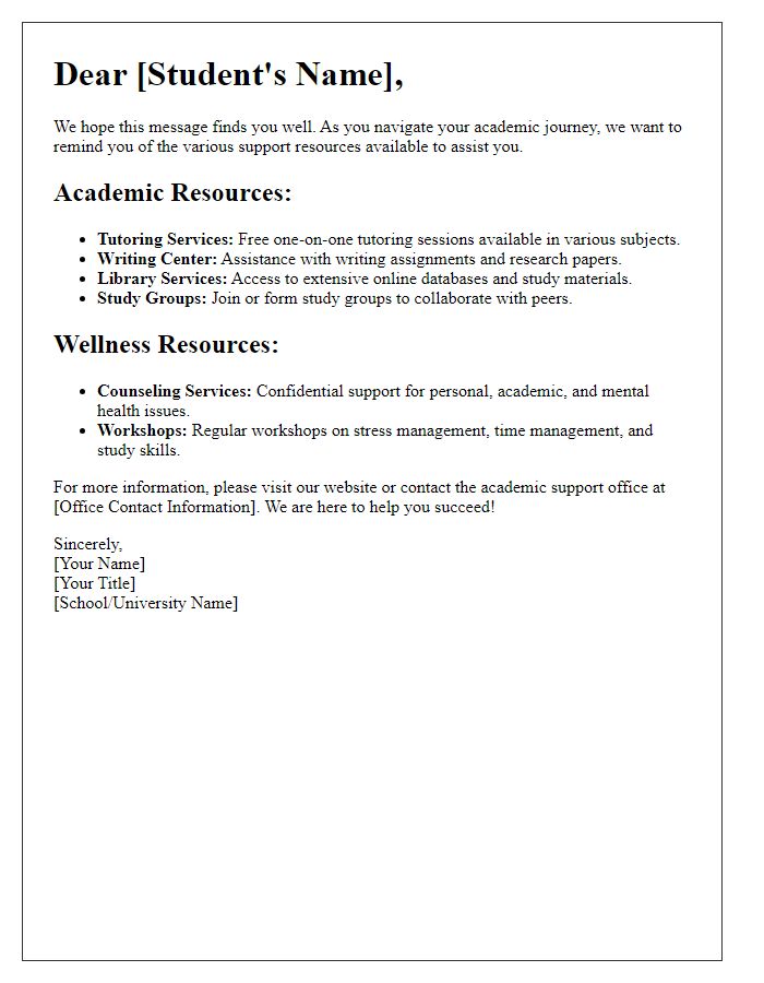 Letter template of academic support resources for students