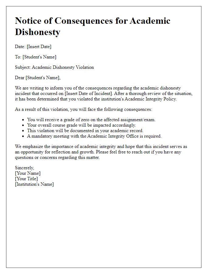 Letter template of consequences for academic dishonesty for students