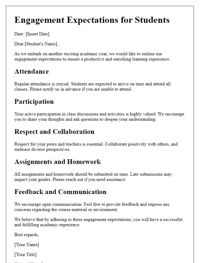 Letter template of engagement expectations for students