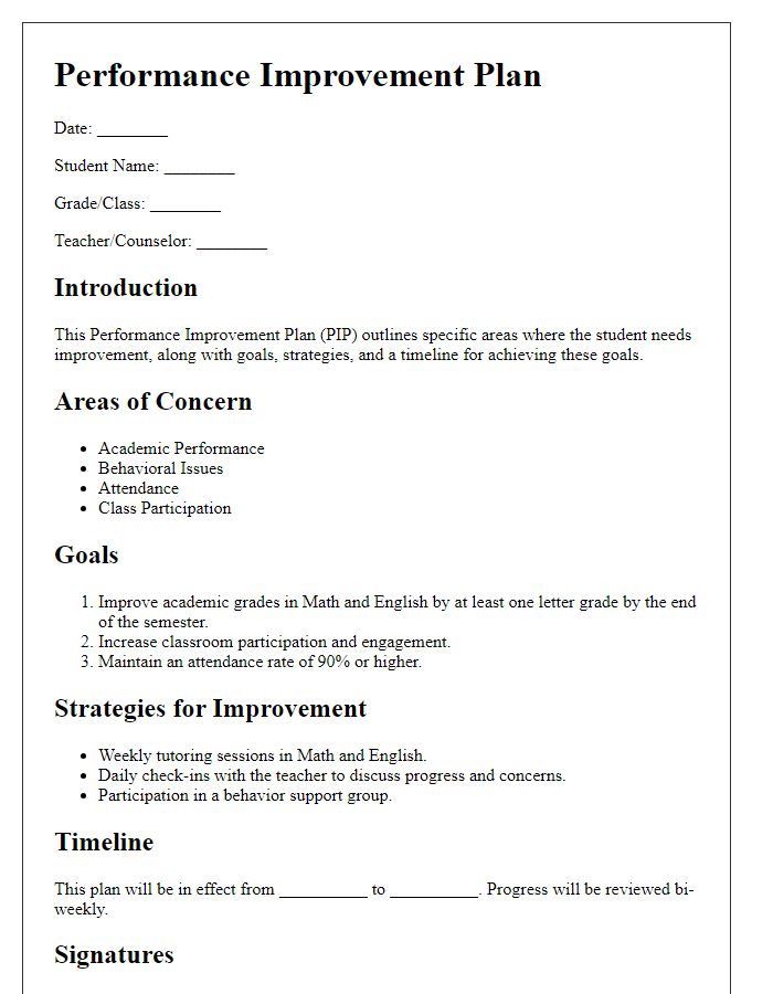 Letter template of performance improvement plan for students