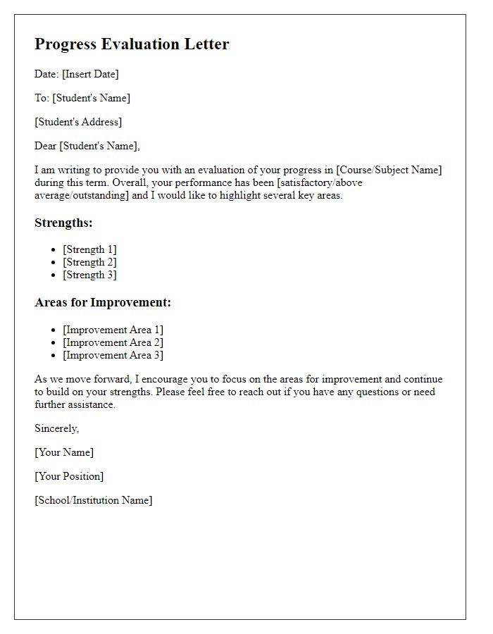 Letter template of progress evaluation for students