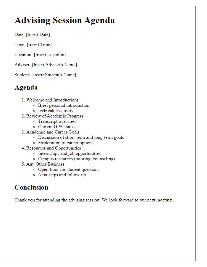 Letter template of advising session agenda outline