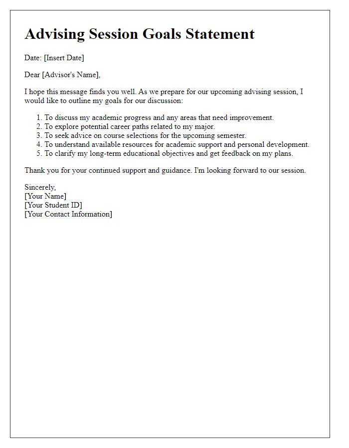 Letter template of advising session goals statement