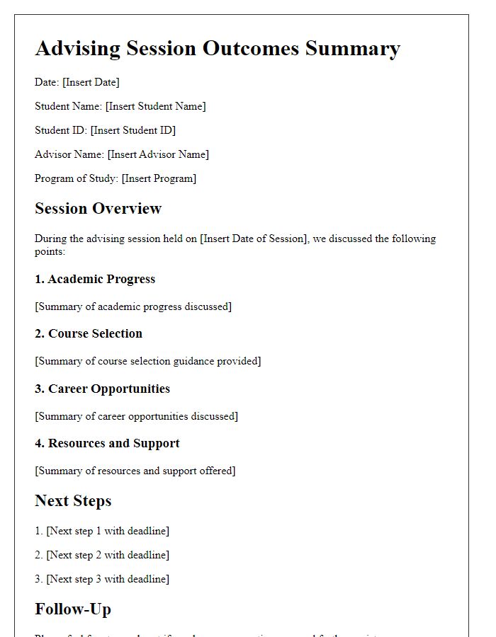 Letter template of advising session outcomes summary