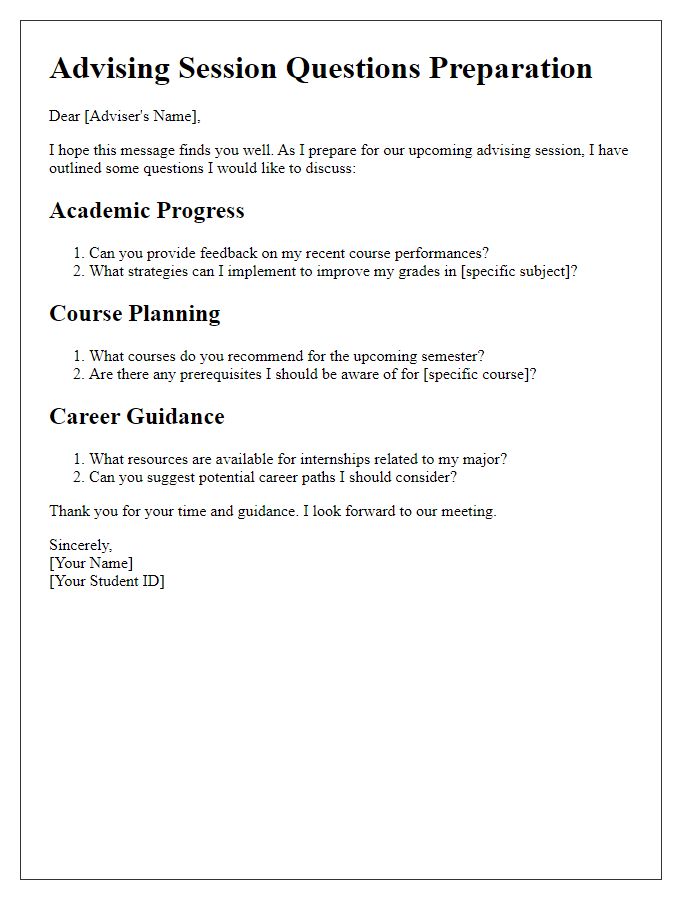 Letter template of advising session questions preparation