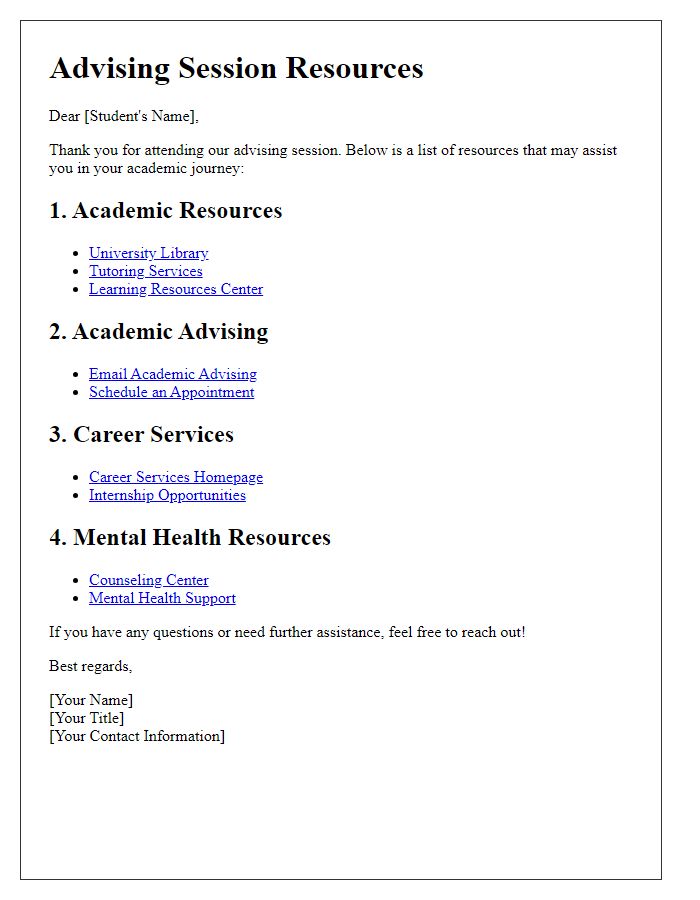 Letter template of advising session resources list