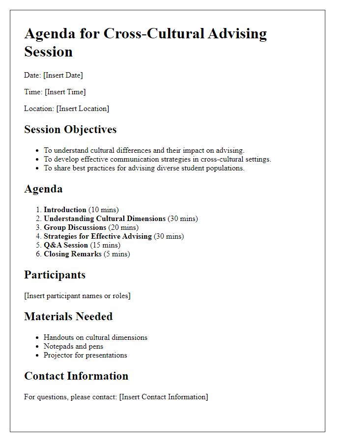 Letter template of agenda for cross-cultural advising session