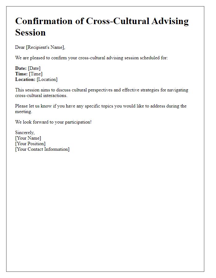 Letter template of confirmation for cross-cultural advising session