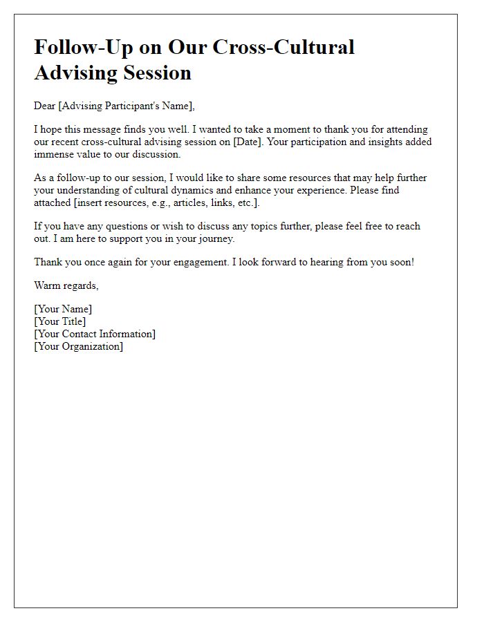 Letter template of follow-up for cross-cultural advising session