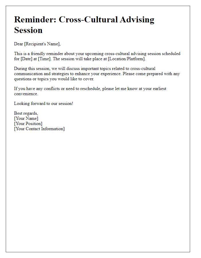 Letter template of reminder for upcoming cross-cultural advising session
