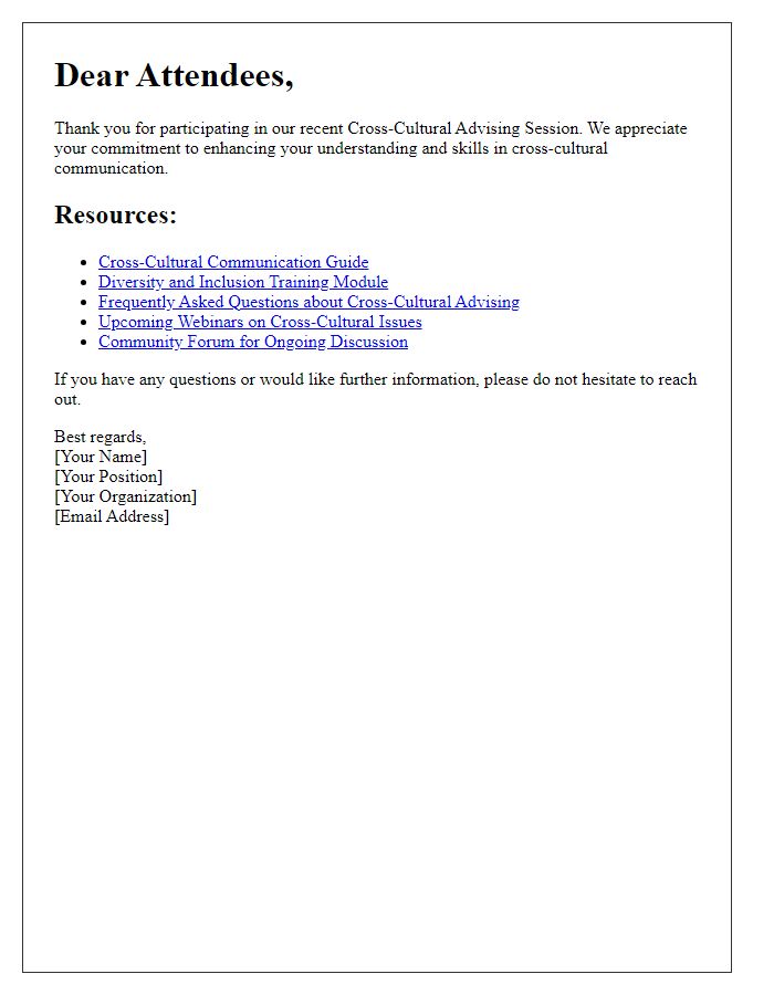 Letter template of resources for attendees of cross-cultural advising session