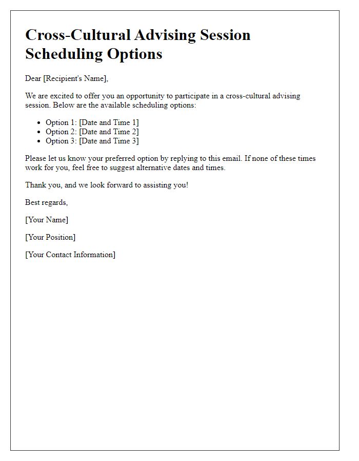 Letter template of scheduling options for cross-cultural advising session