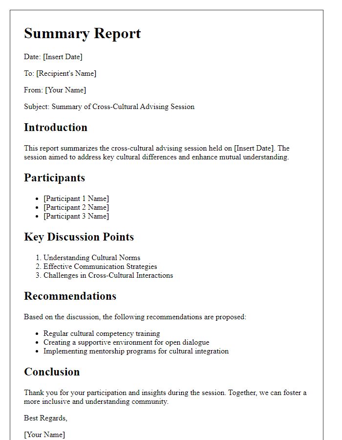 Letter template of summary report after cross-cultural advising session