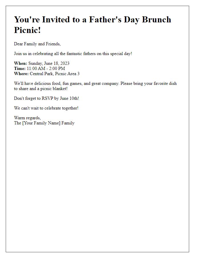 Letter template of Father's Day brunch invitation for a picnic in the park.