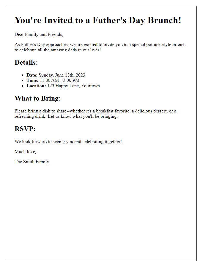 Letter template of Father's Day brunch invitation for a potluck-style gathering.