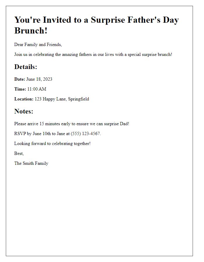 Letter template of Father's Day brunch invitation for a surprise party.