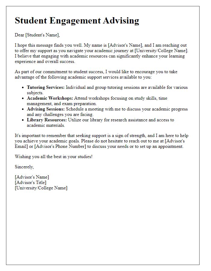 Letter template of student engagement advising for academic support.