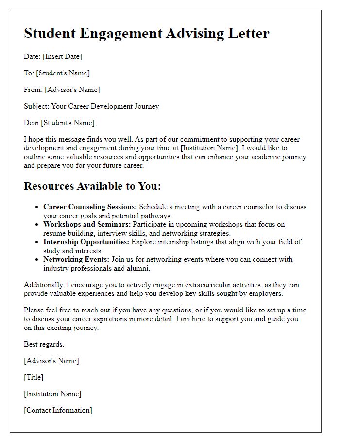 Letter template of student engagement advising for career development.